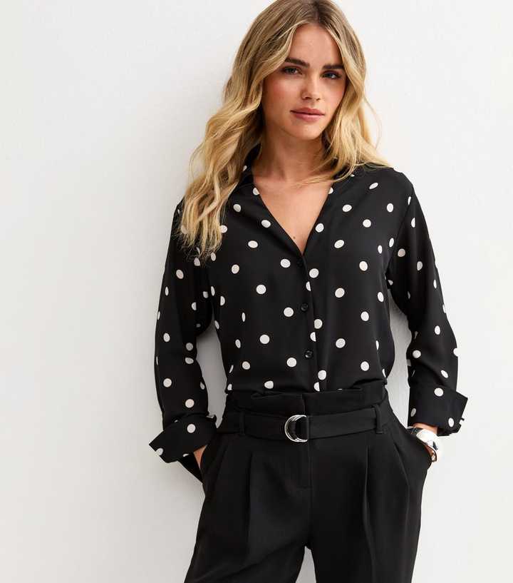 Petite Black Polka Dot Open Neck Shirt