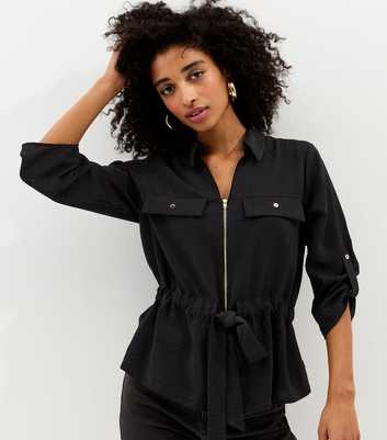 Black Zip Up Cropped Sleeve Shirt