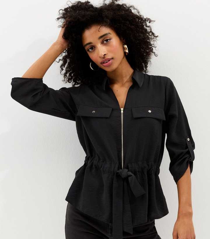 Black Zip Up Cropped Sleeve Shirt