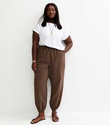 Curves Dark Brown Drawstring Waist Cuffed Joggers