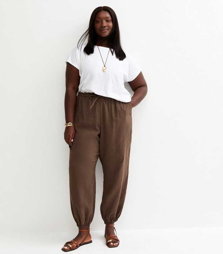 Curves Dark Brown Drawstring Waist Cuffed Joggers