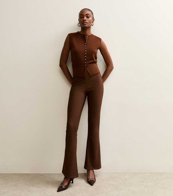 Dark Brown Rib Flared Trousers
