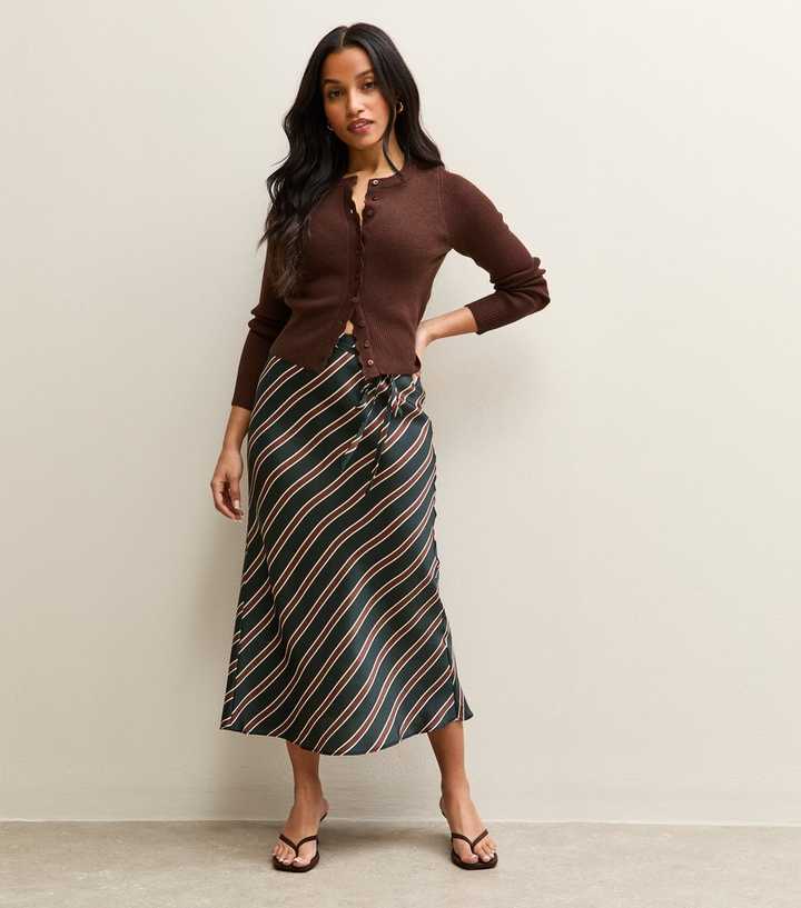 Petite Black Striped Satin Bias Cut Midi Skirt