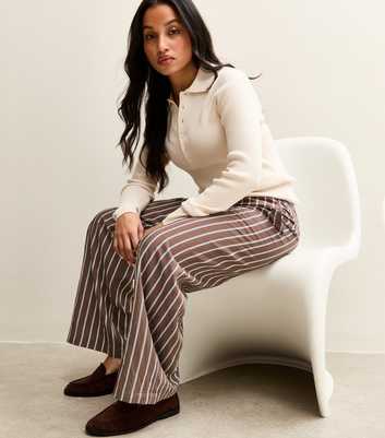 Petite Brown Striped Drawstring Wide Leg Trousers