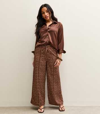 Petite Brown Satin Paisley Wide Leg Trousers