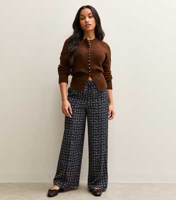 Petite Blue Satin Paisley Wide Leg Trousers