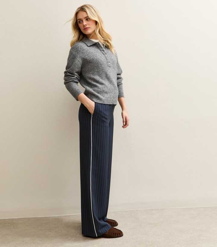 Blue Pinstripe Side Stripe Wide Leg Trousers