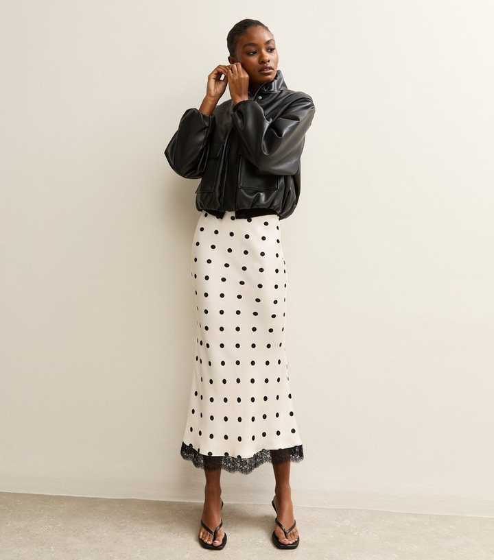Cream Satin Polka Dot Lace Trim Midi Skirt