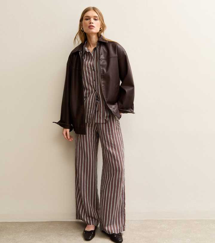 Brown Striped Drawstring Wide Leg Trousers