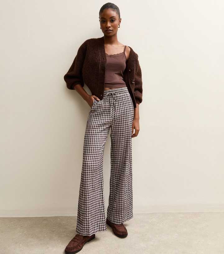 Cream Check Wide Leg Trousers