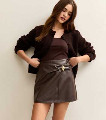 Brown Faux Leather Ring Detail Wrap Mini Skirt