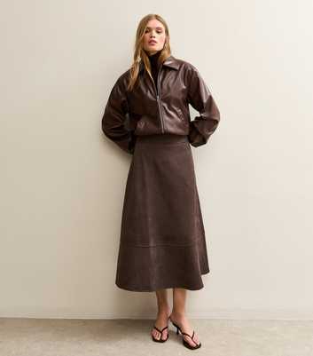 Dark Brown Faux Suede A Line Midi Skirt