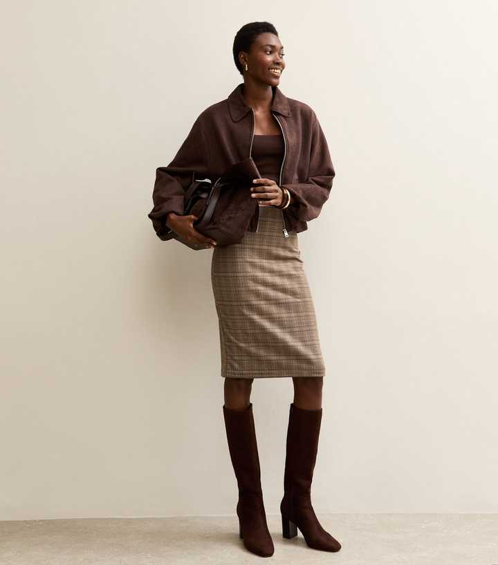Tall Brown Jacquard Check Pencil Skirt