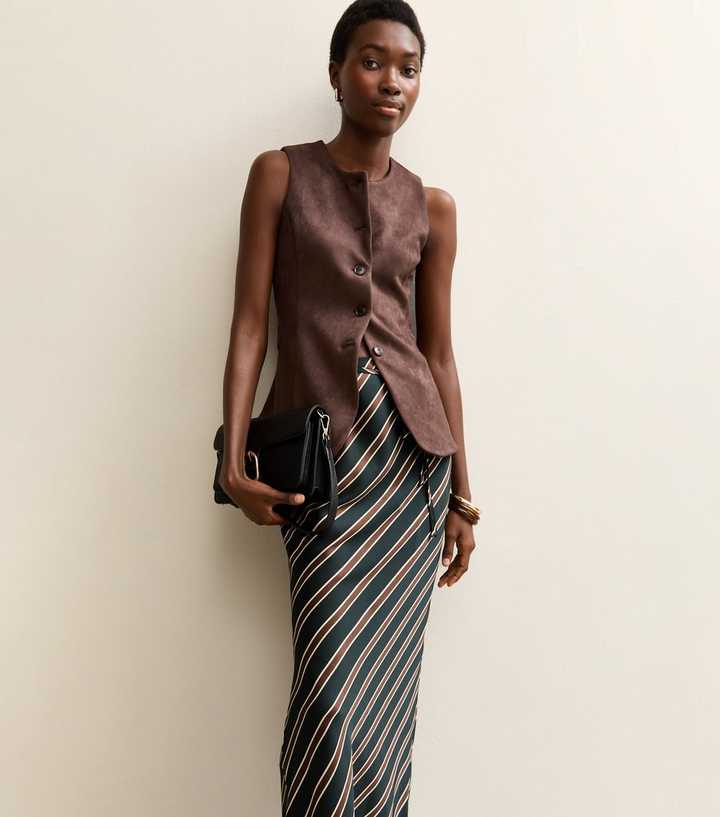 Tall Black Satin Striped Bias Cut Midi Skirt