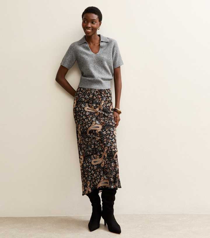Tall Black Chiffon Paisley Bias Cut Midi Skirt