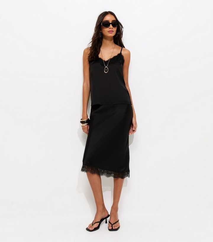 Black Satin Lace Trimmed Midi Skirt
