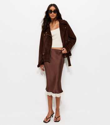 Brown Lace Trim Satin Midi Skirt