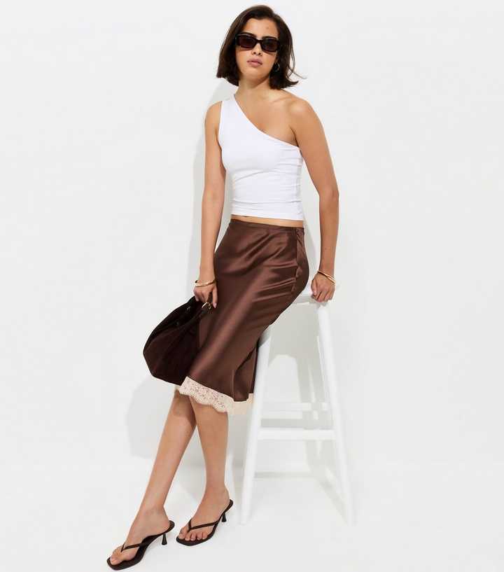 Brown Lace Trim Satin Midi Skirt