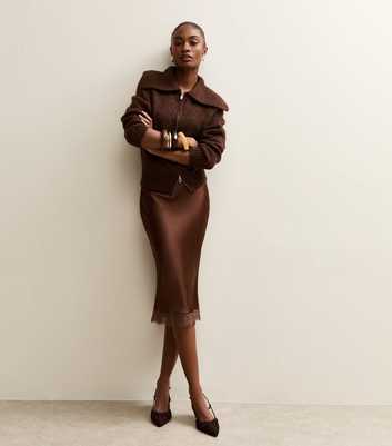 Dark Brown Satin Lace Trimmed Midi Skirt