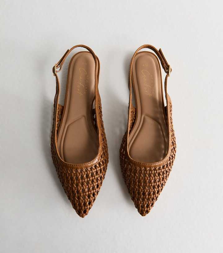 Tan Faux Leather Woven Slingback Pumps