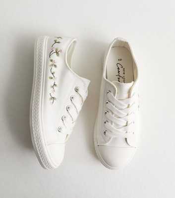 White Woven Floral Embroidered Trainers