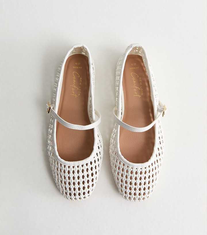 Wide Fit White Faux Leather Woven Mary Jane Pumps