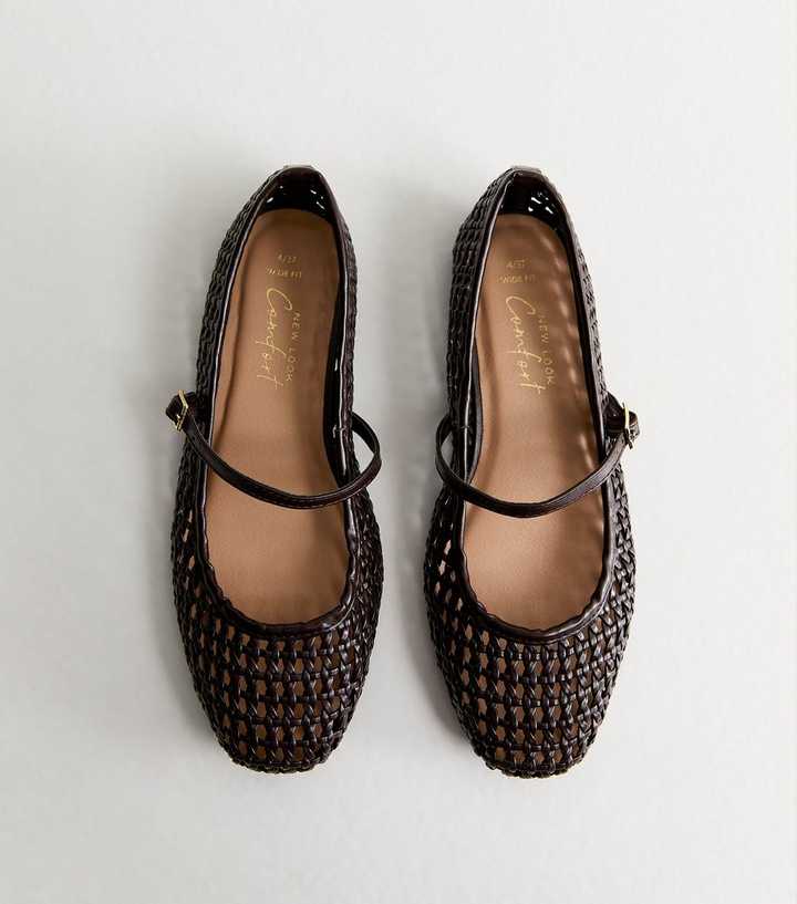 Wide Fit Chocolate Faux Leather Woven Mary Jane Pumps