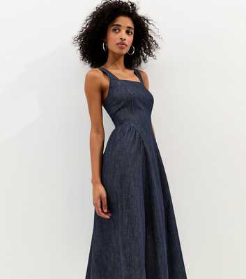 Navy Denim Square Neck Midi Dress