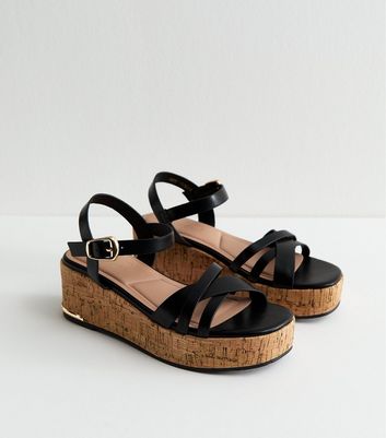 Black Faux Leather Cross Over Strap Cork Flatform Sandals