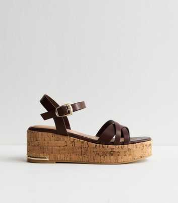 Dark Brown Faux Leather Cross Over Strap Cork Flatform Sandals