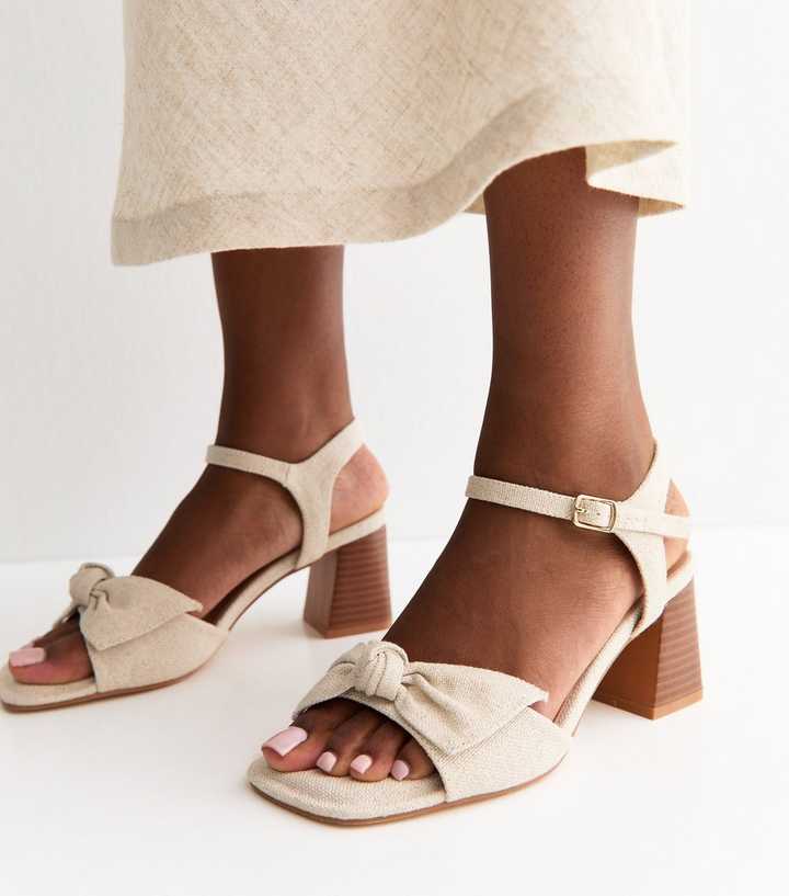 Wide Fit Off White Woven Bow Block Heel Sandals