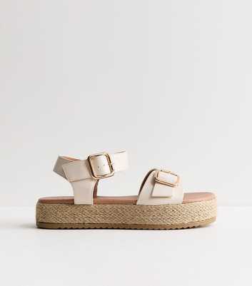 Wide Fit Off White Faux Leather Buckled Strap Flatform Sandals