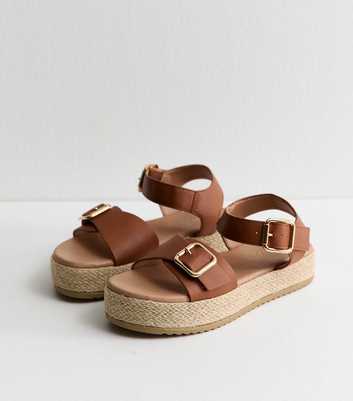 Wide Fit Tan Faux Leather Buckled Strap Flatform Sandals