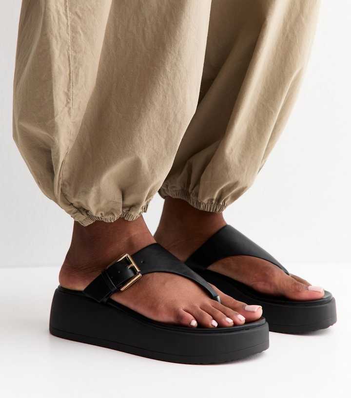 Black Faux Leather Chunky Sole Toe Post Sandals