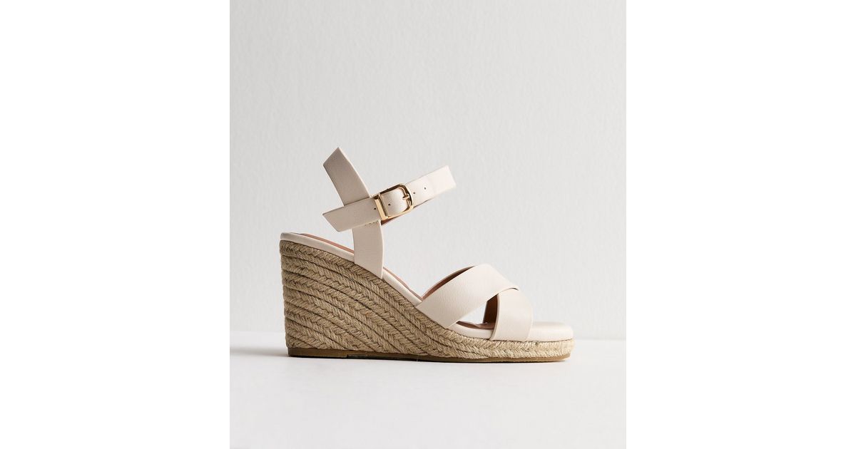 Extra Wide Fit Off White Faux Leather Cross Strap Wedges | New Look