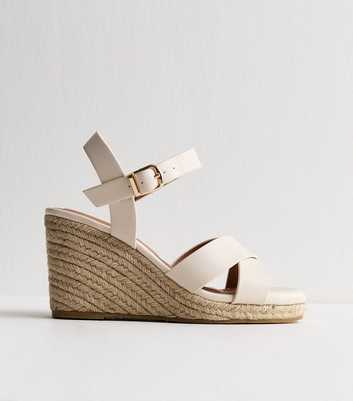 Extra Wide Fit Off White Faux Leather Cross Strap Wedges