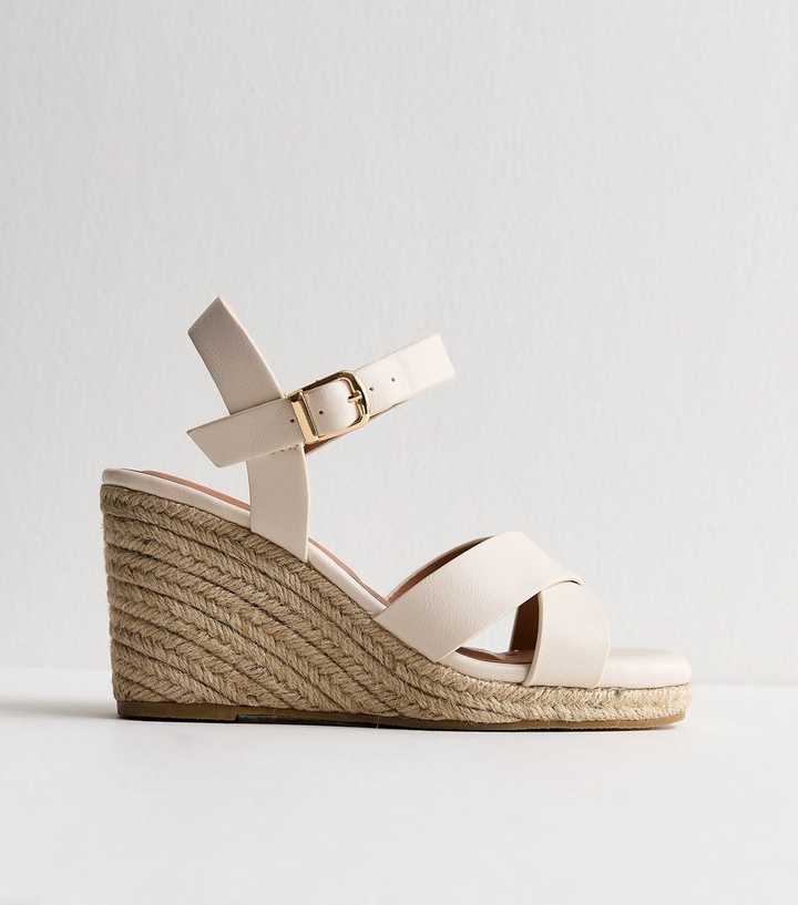 Extra Wide Fit Off White Faux Leather Cross Strap Wedges