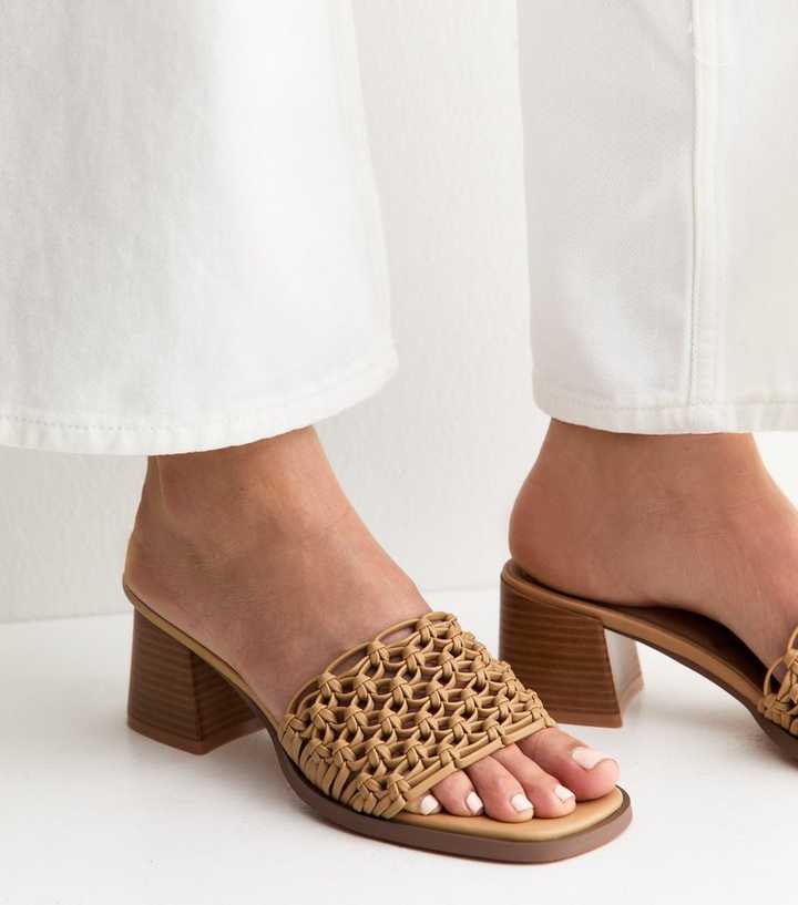 Wide Fit Camel Woven Faux Leather Block Heels Sandals