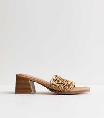 Wide Fit Camel Woven Faux Leather Block Heels Sandals