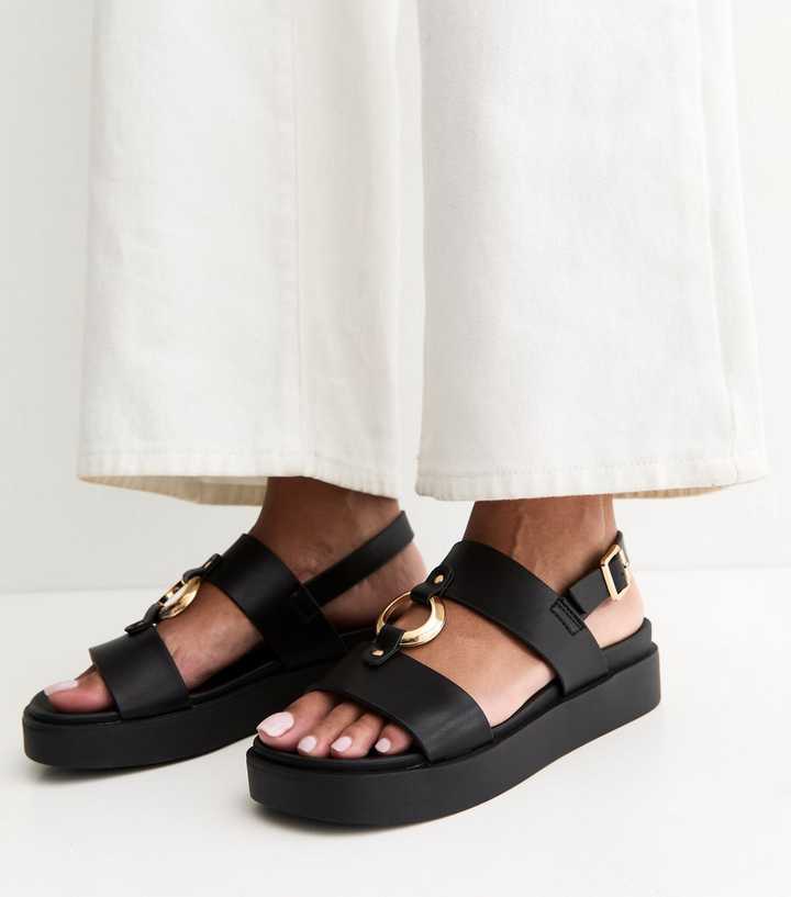 Black Faux Leather Hardware Detail Flatform Sandals