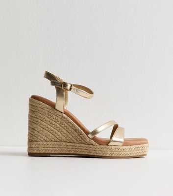 Gold Faux Leather Double Strap Wedge Sandals