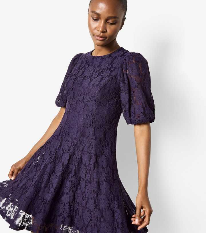 Apricot Dark Purple Floral Lace Puff Sleeve Dress