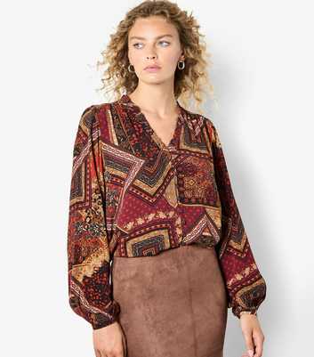 Apricot Burgundy Patchwork Ruffle Blouse