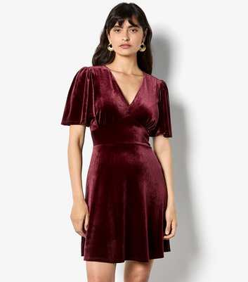 Apricot Burgundy Velvet V Neck Empire Mini Dress