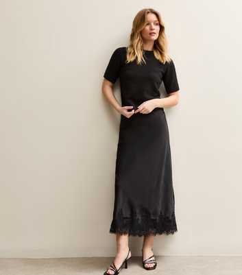 Black Satin Lace Hem Midi Skirt