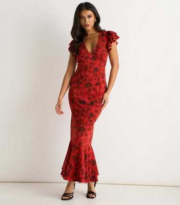 Gini London Red Floral Print Ruffle Maxi Dress