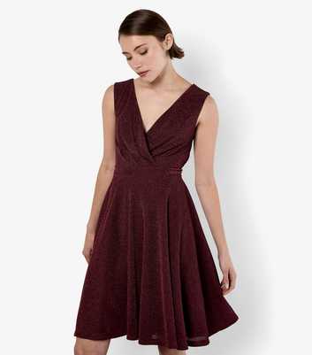 Apricot Burgundy Lurex Pleated Skater Dress