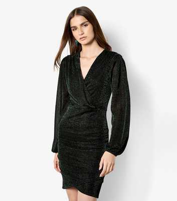 Apricot Dark Green Mottled Sparkle Wrap Dress