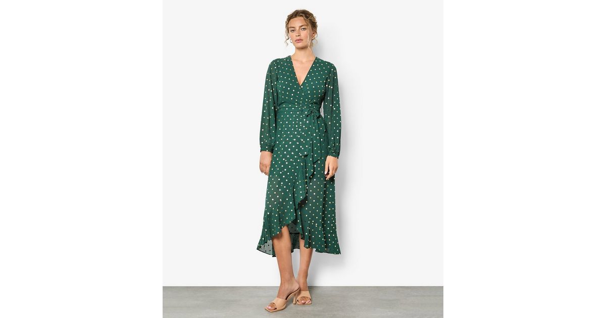 Apricot Green Foil Polka Dot Wrap Dress New Look