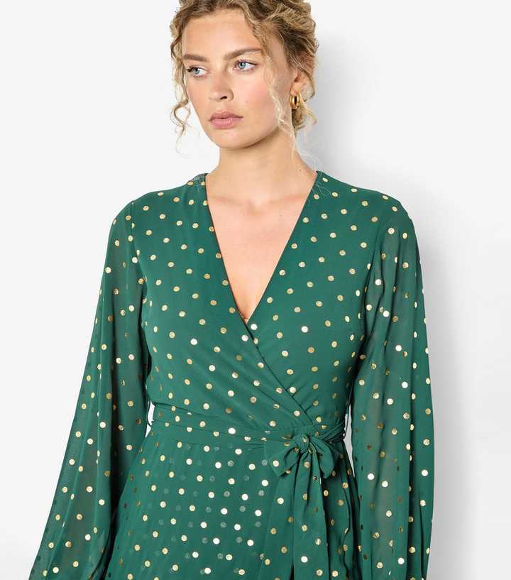 Apricot Green Foil Polka Dot Wrap Dress | New Look Apricot Green Foil Polka Dot Wrap Dress | New Look